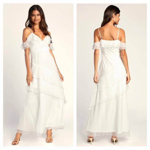 NWT Lulus Radiant in Ruffles White Ruffled Lace Cold Shoulder Maxi Dress XS - Picture 1 of 16